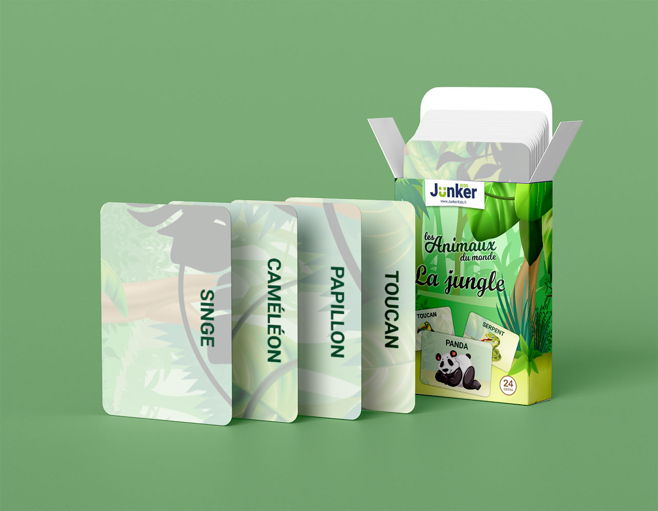 Une carte de jeu pour enfants révélant un mot et un animal de la jungle sous une lumière magique.