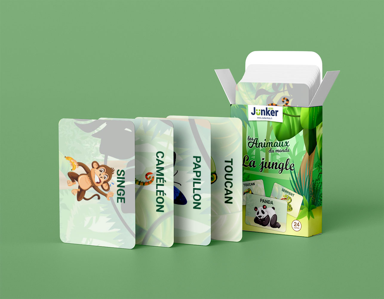 Une carte de jeu pour enfants révélant un mot et un animal de la jungle sous une lumière magique.