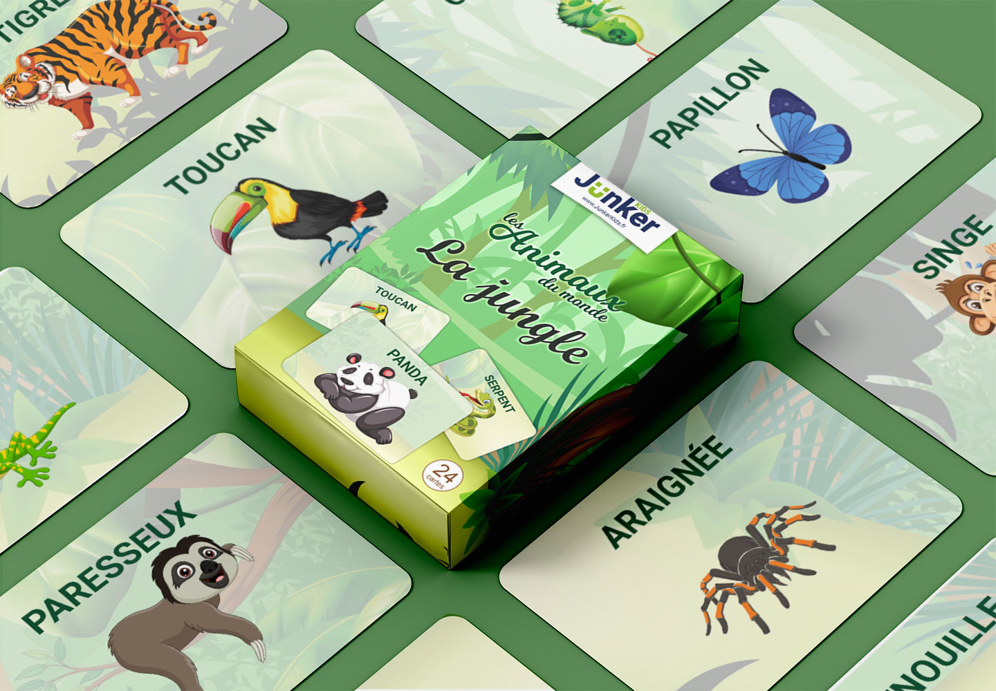 Une carte de jeu pour enfants révélant un mot et un animal de la jungle sous une lumière magique.