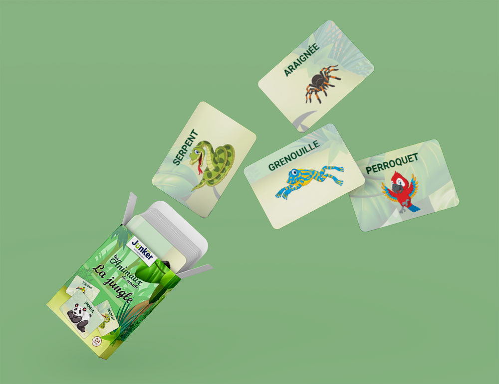 Une carte de jeu pour enfants révélant un mot et un animal de la jungle sous une lumière magique.